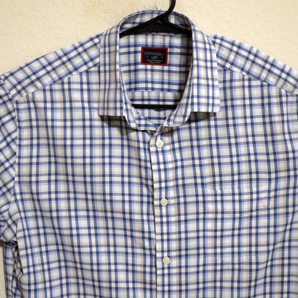 UNTUCKit Shirt Mens Large Long Sleeve Button Nylon Blend Slim White Blue Stripes